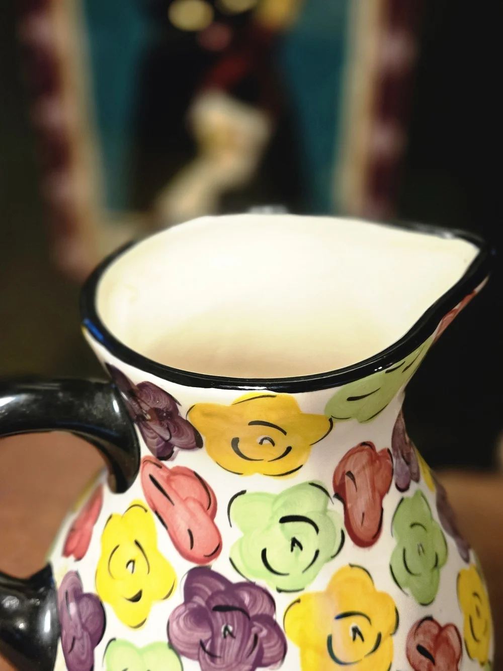 Pier 1 Multicolor Floral Ceramic Pitcher - Yellow, Green, Purple, Red, Black